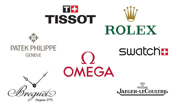 Des logos de marques horlogères suisses : Oméga Rolex, Tissot...