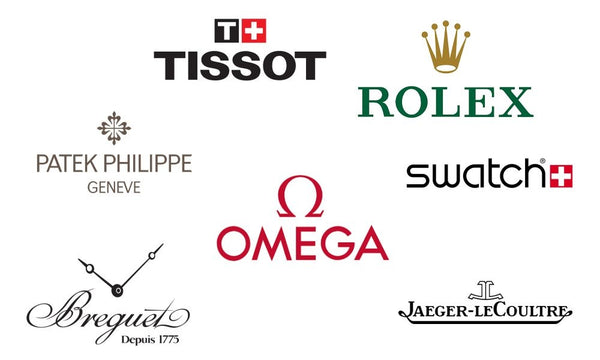 Affiche de noms des montre de marques prestigieuses ; Rolex, Tissot, Oméga, Patek Philippe