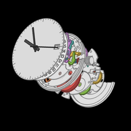 Représentation du mouvement mécanique dessinée, avec différentes couches des éléments d'une montre