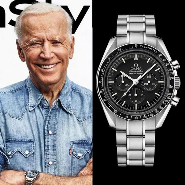 Montre Joe Biden L'Omega Speedmaster Moonwatch​​ à droite et sa photo à gauche portant cette montre 