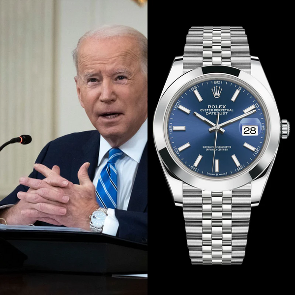 Photo de Joe Biden portant une Rolex, montre en gros plan à gauche 