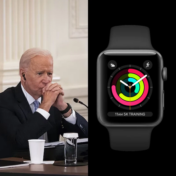 Portrait de Joe Biden  en réunion à droite et sa montre l'Apple Watch à gauche 
