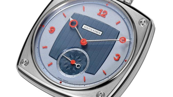Cadran de la montre de poche TP1 de Voutilainen , cadran blanc et un carré bleu au centre, cadran de la petite seconde