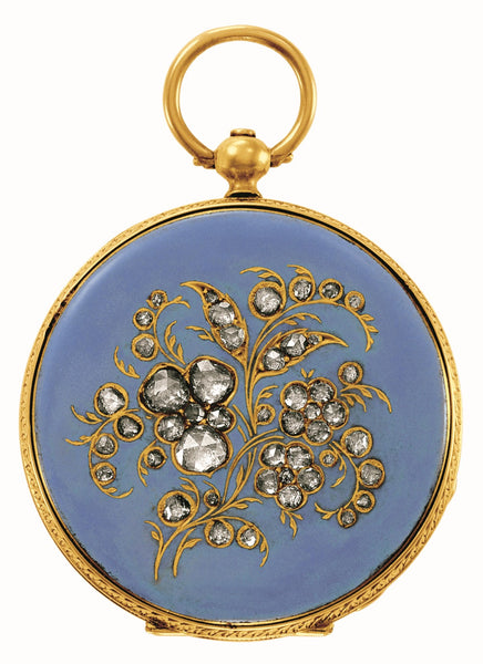 Patek Philippe Montre gousset N°4719 en 1851, boitier et couronne remontoir or, boitier fond bleu, décoré fleurs or