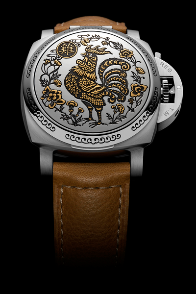 La montre de Panerai Luminor 1950Sealand 3 days automatic Acciacio 44mm, montre chasseur couvercle gravé d'un coq aux fils d'or, bracelet cuir marron claire