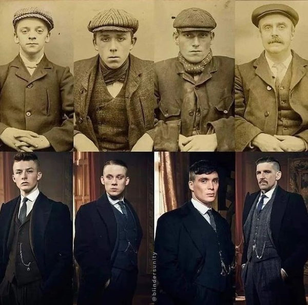 Photos de 8 portraits dont 4 acteurs de la série Peaky Blinders et 4 vrais Peaky Blinders