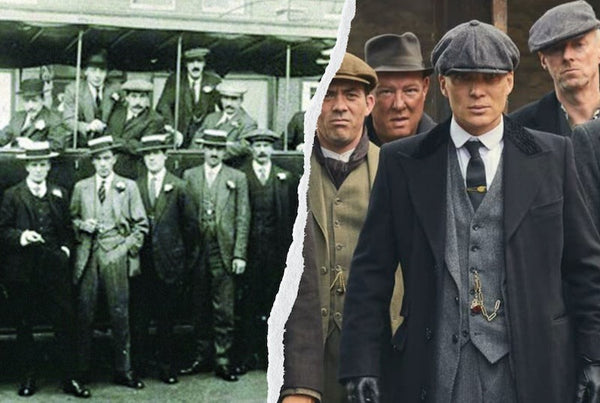 Deux photos juxtaposées, une représentant les vrais Peaky Blinders, l'autre les acteurs de la série