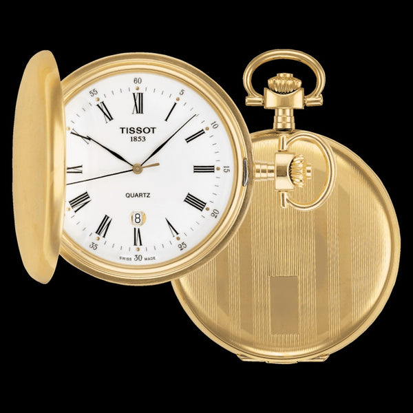 Montre de poche de type savonnette de Tissot, or Chasseur, cadran blanc à chiffres romains