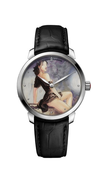 Ulysse Nardin Classico Manara Le Déclic 1 montre bracelet cuir noir, cadran femme érotique