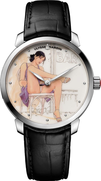 Montre bracelet de Ulysse Nardin Classico Manara Le Déclic, cadran femme érotique dessinée, deux aiguilles heures et minutes et index à points