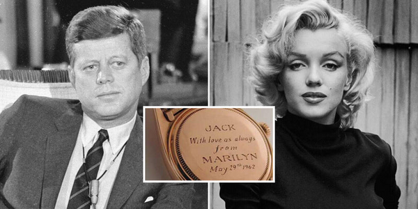 A gauche John-F-Kennedy, à droite Marilyn Morooe , une photo de la Rolex, montre surnommée  Montre de la journée