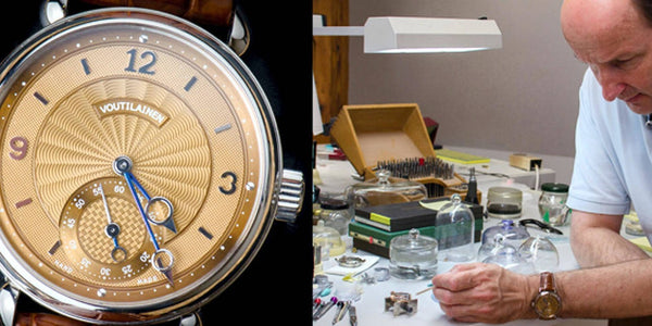 L'horloger Voutiainen dans son atelier, une photo de cadran de montre à gauche