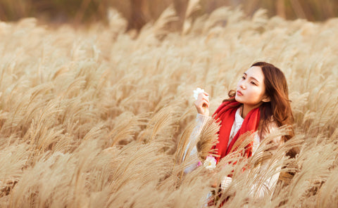 femme à foulard rouge dans un champs de blé