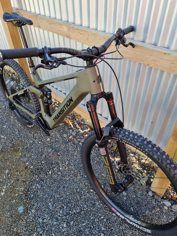 Front end view of The incredible Transition Repeater Electric Mountain Bike