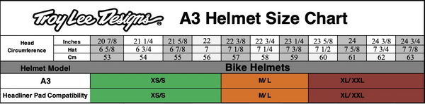 TLD A3 Helmet 2021 Size Chart
