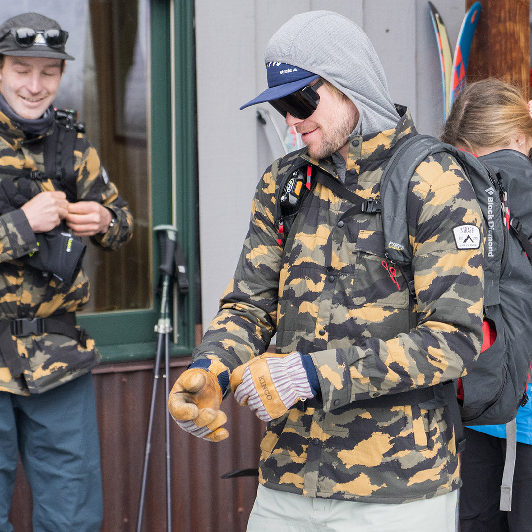 getting ready outside the lindley hut in the alpha shirt jacket