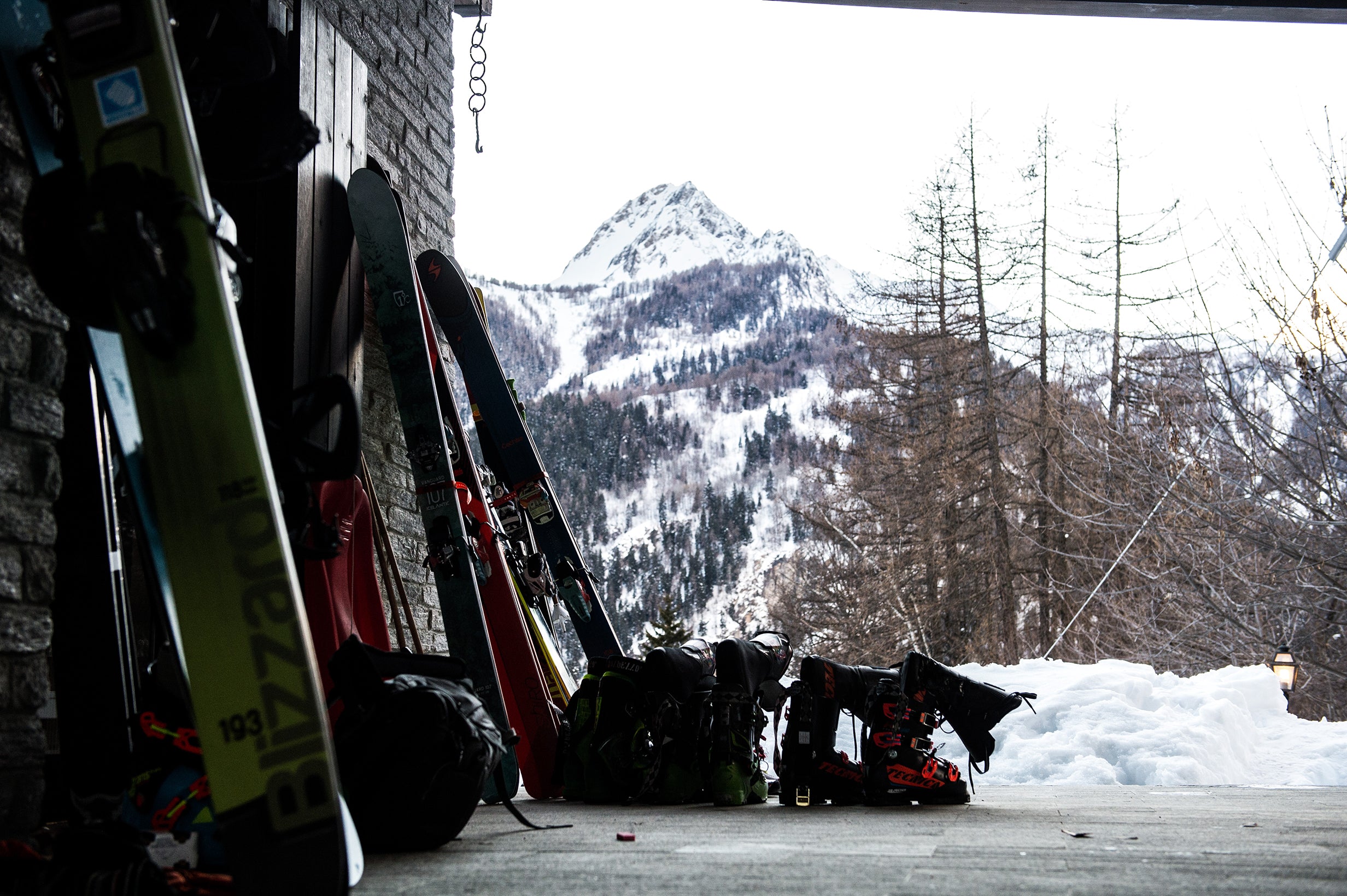 Ski gear drying on patio