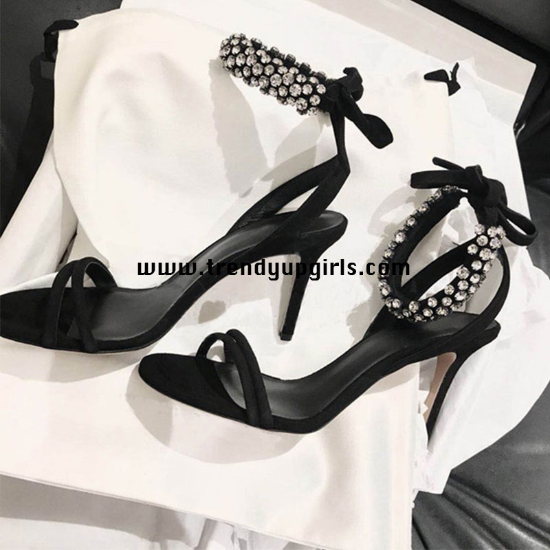 Black Beaded Sandals High Heels Women 