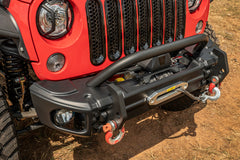 Close up image of the Acrus front bumper on a red Jeep Wrangler JK