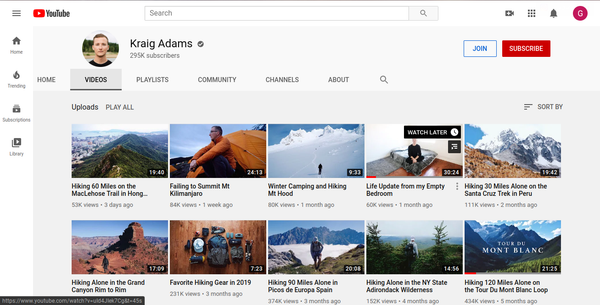 A picture of Kraig Adams' YouTube channel. Many of the travel videos are dream destinations for Living Now.