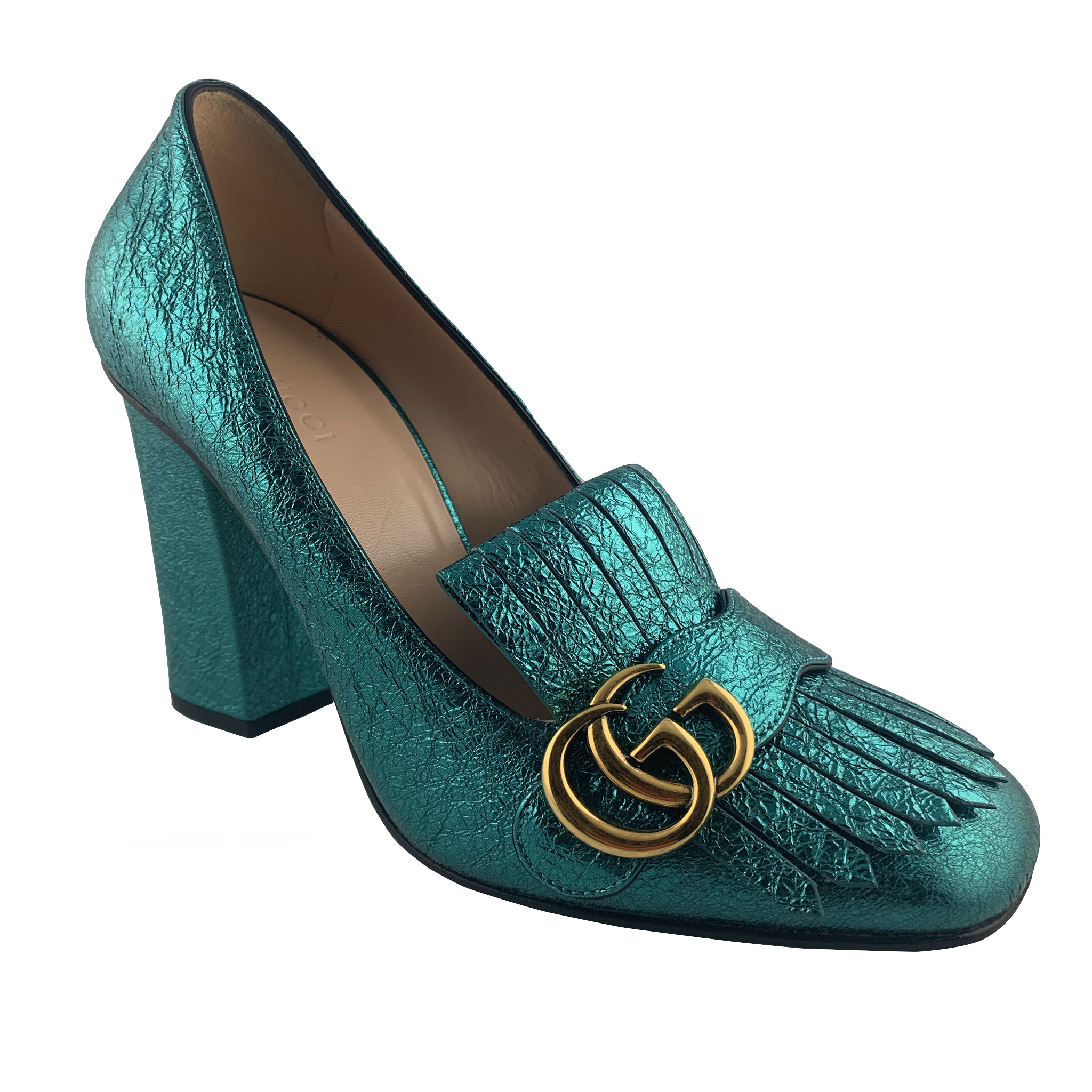 GUCCI Metallic GG Marmont Kiltie Pumps 