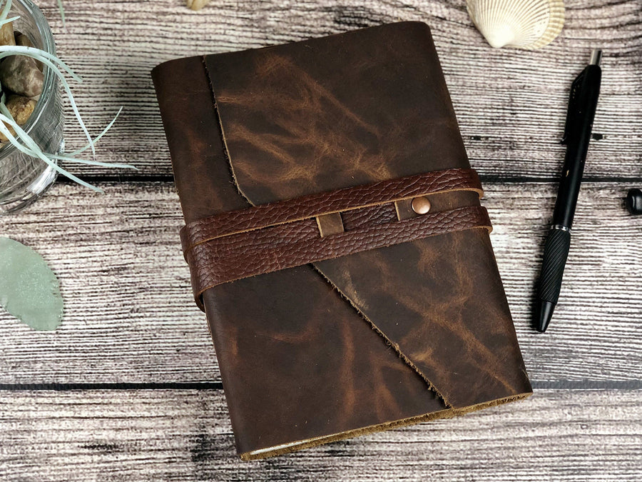 Medium Leather Journal - Dark Cognac Bison leather journal Scroll & Ink 