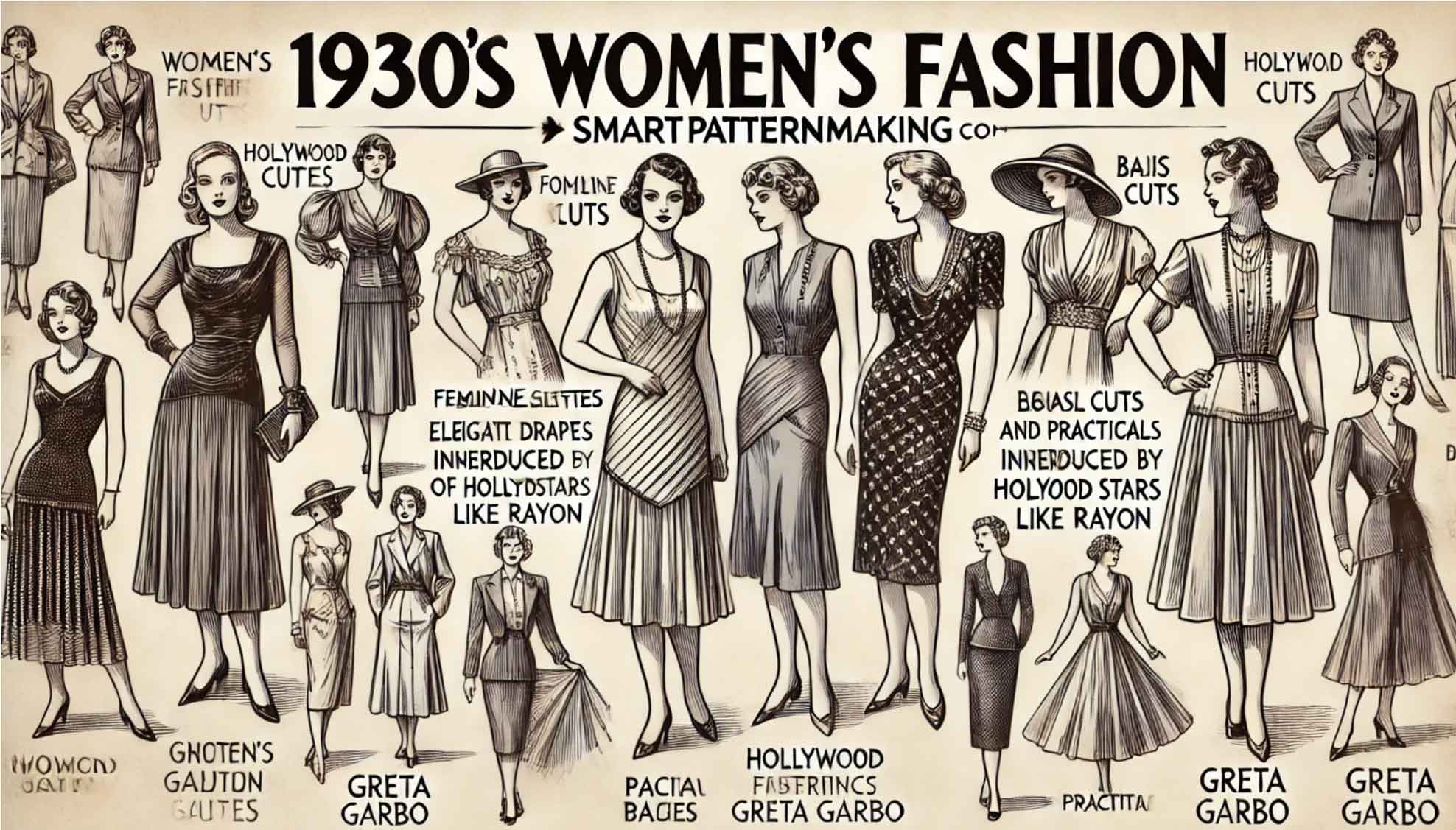 1930s Hollywood Glamour Fashion Women Outfits, garments and designs