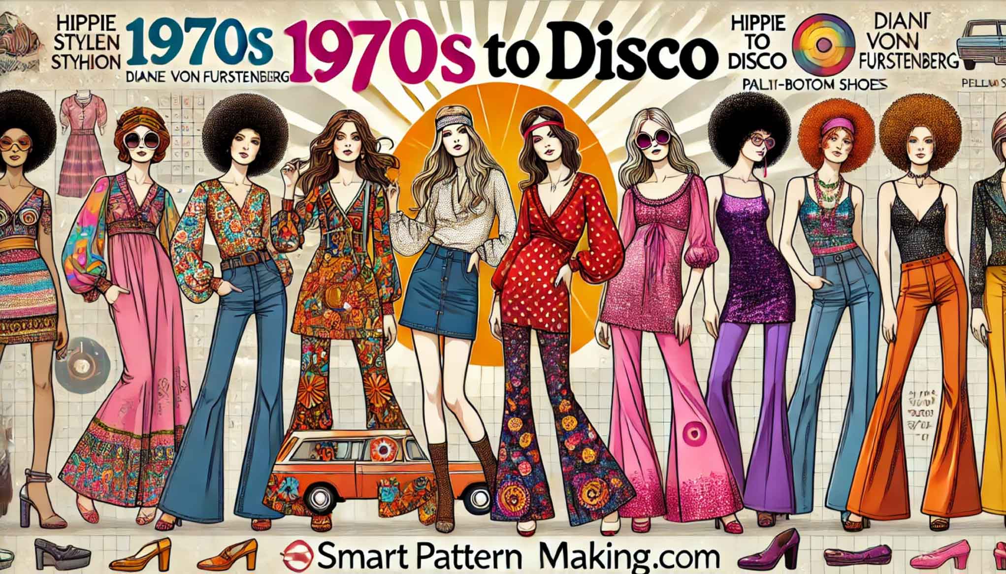 1970s-Hippie-to-Disco,-Women-Fashion--Outfits,-garments-and-designs