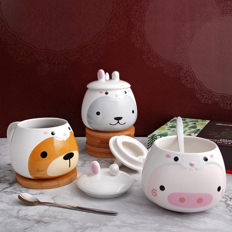 Cute Rabbit Ceramics Mug With Lid and spoon 460ml large capacity Bunny Mug  Coffee Milk Juice Wate Tea cup Drinkware Novelty Gift