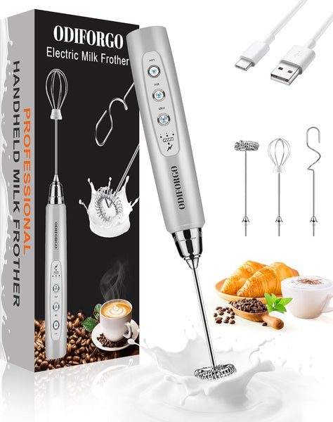 Laposso Milk Frother Rechargeable Handheld Electric Whisk Coffee Frother  Mixer with 3 Stainless whisks 3 Speed Adjustable Foam Maker Blender for