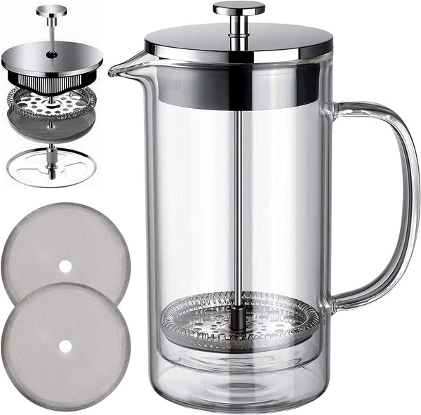 AMFOCUS French Press Coffee Maker - 34 Ounce Classice Stainless Steel Coffee Press with 4-Level Filtration System, Heat Resistant Thickness