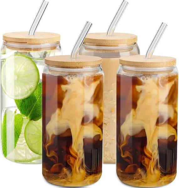  FASISOY Glass Cups with Bamboo Lids and Straws 4pcs