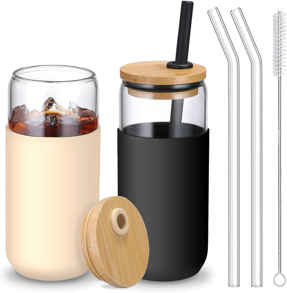  FASISOY Glass Cups with Bamboo Lids and Straws 4pcs