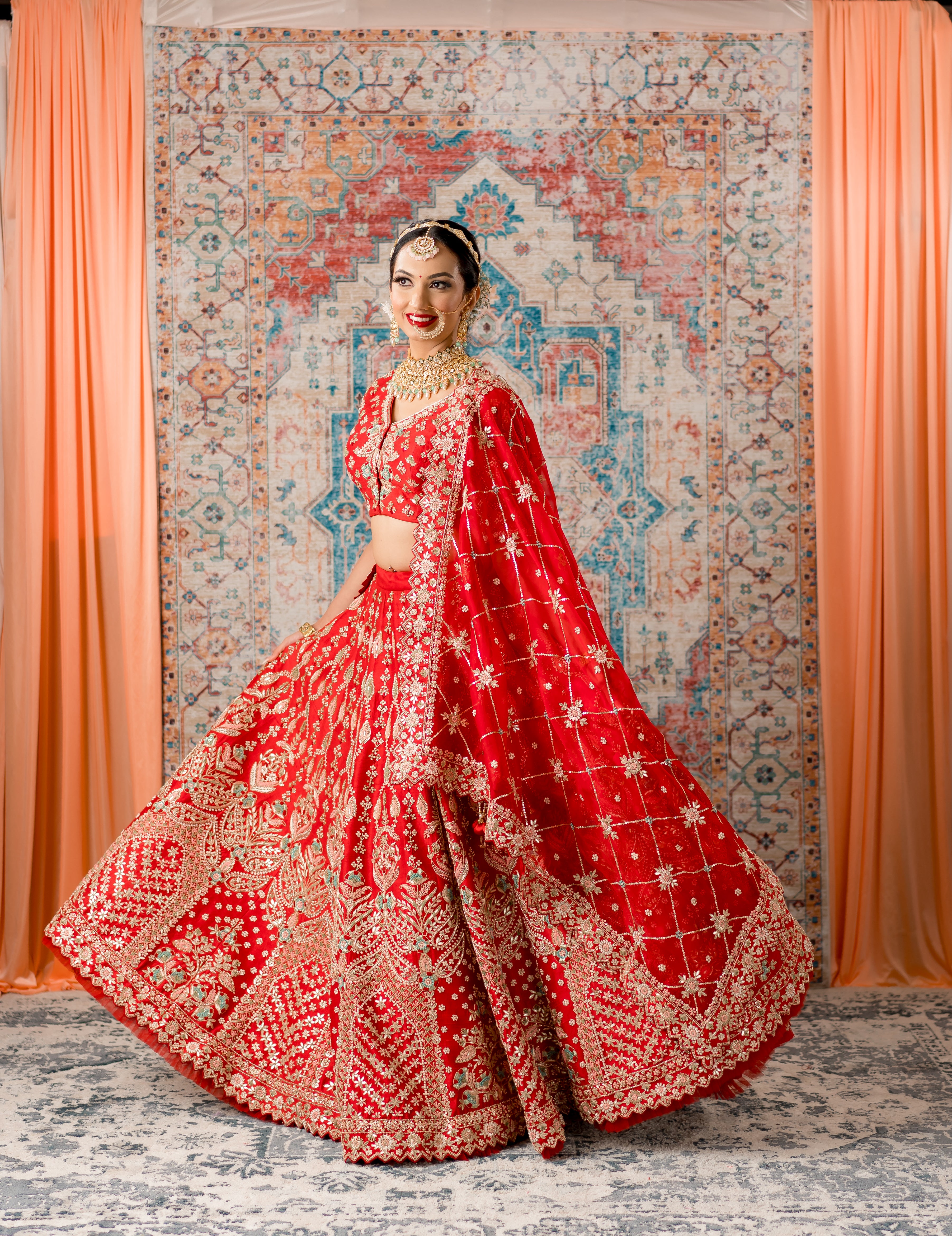 Coral Color Raw Silk Lehenga with Mirror and Gotta Embroidery PADMAVATI