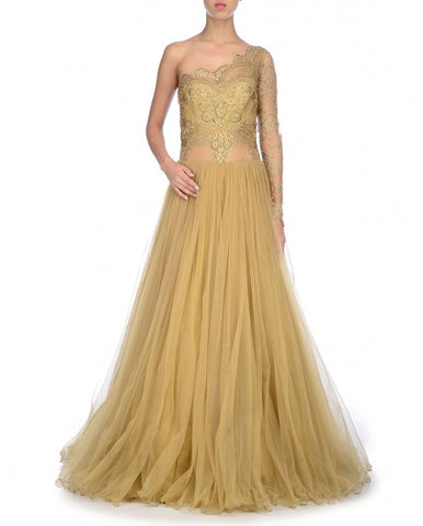 Buy Gold Embroidered Chiffon Cape Gown by Designer RABANI & RAKHA Online at  Ogaan.com