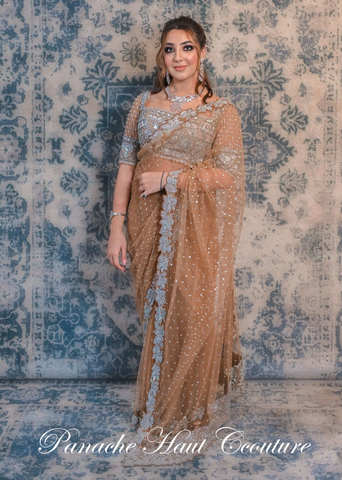 Fawn Brown Colored Net Saree