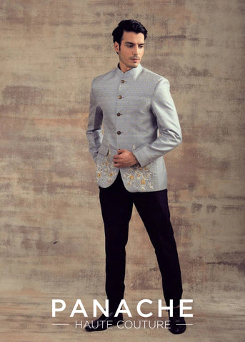 Grey Color Banarasi Silk Jodhpuri Jacket