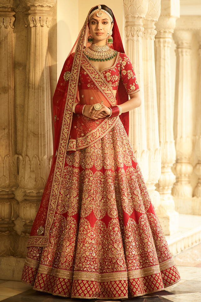 red sabyasachi bridal lehenga