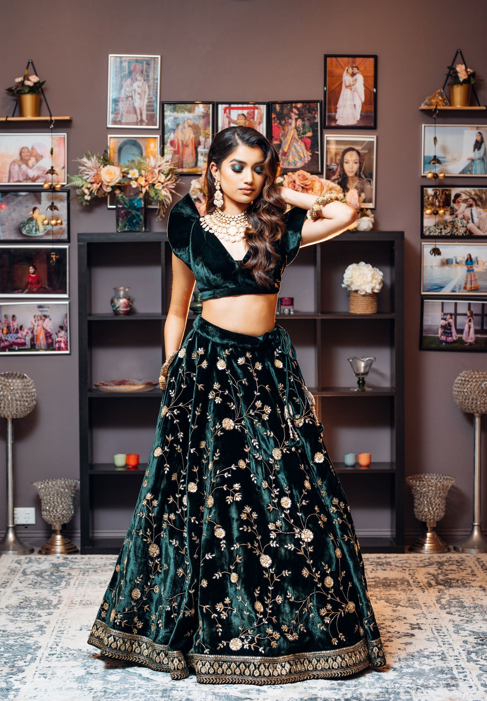 Dark Green Color Silk Velvet Lehenga Set Panache Haute Couture 8437