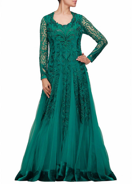 Anarkali suit type green gown online – Panache Haute Couture