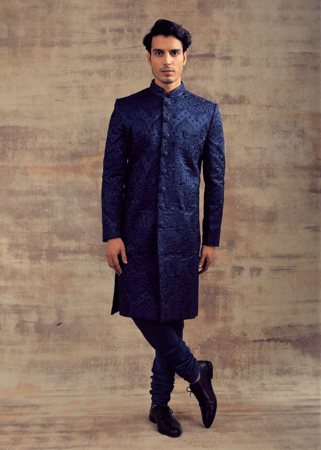 Navy Blue Color Monotone Thread Work Sherwani – Panache Haute Couture