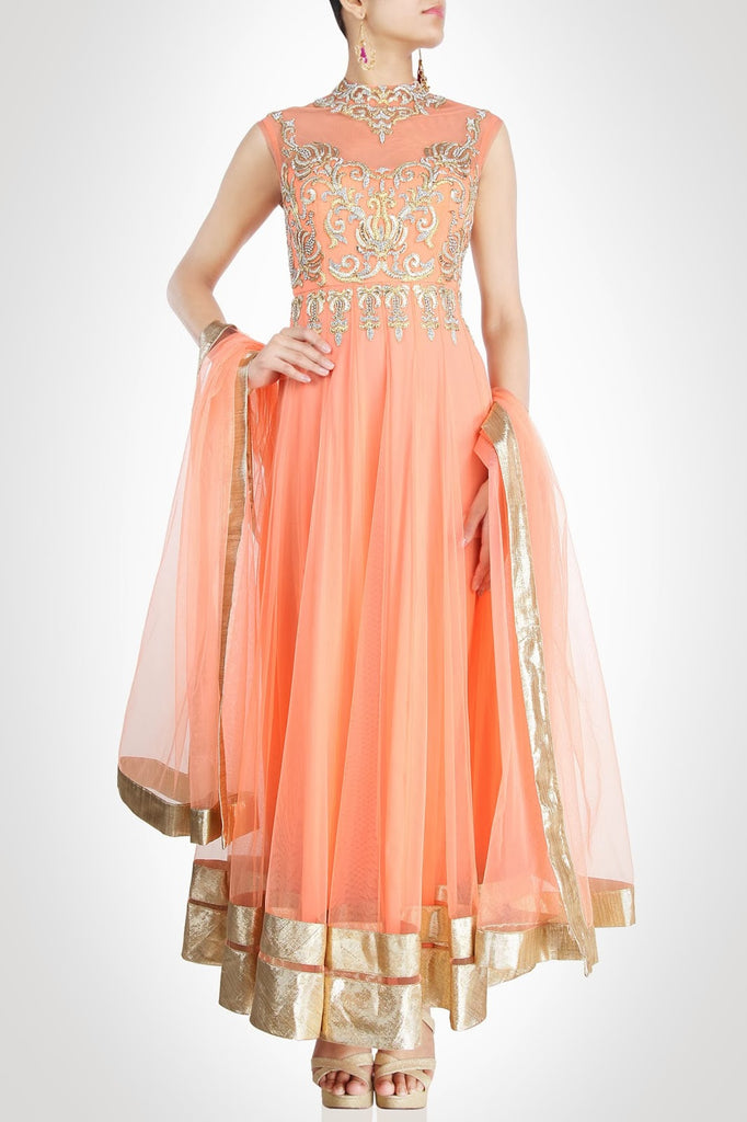 Peach color long anarkali suit with matching dupatta – Panache Haute ...