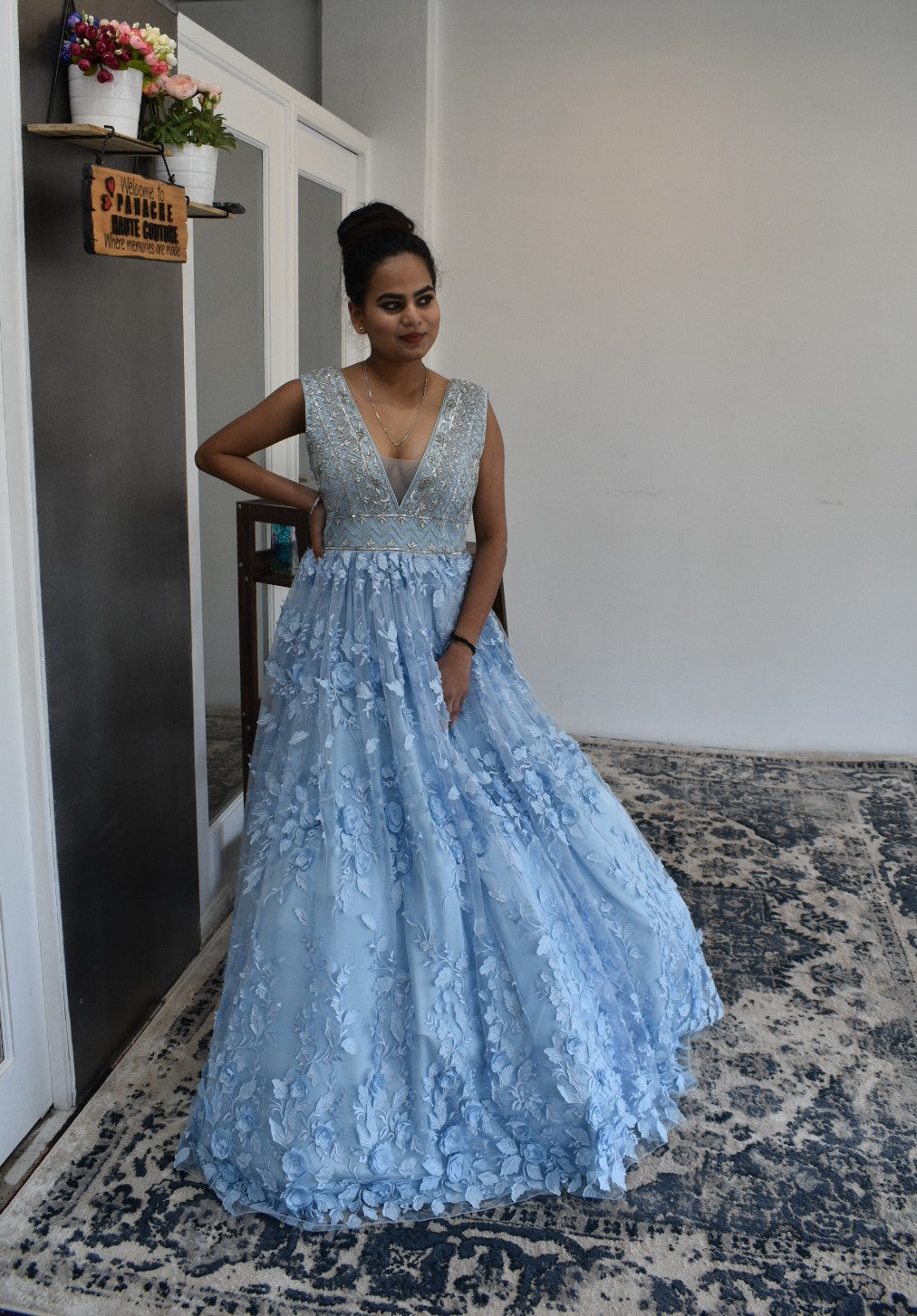 Astonishing powder blue color party-wear Gown – Panache Haute Couture