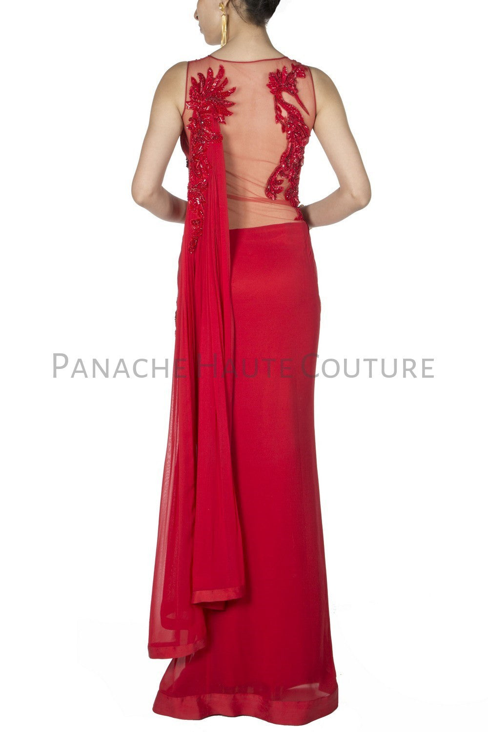 Red Colour Chiffon Designer Saree Gown Online – Panache Haute Couture