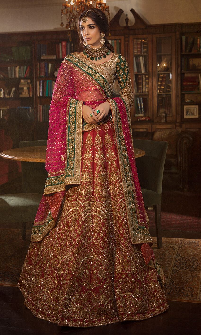 red and green bridal lehenga