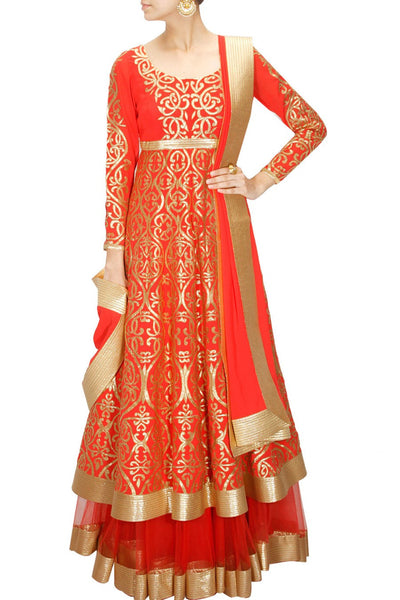 Red anarkali lehenga set – Panache Haute Couture