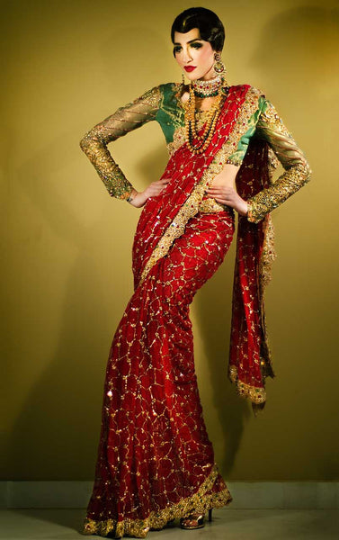 Red and Green Wedding Saree – Panache Haute Couture