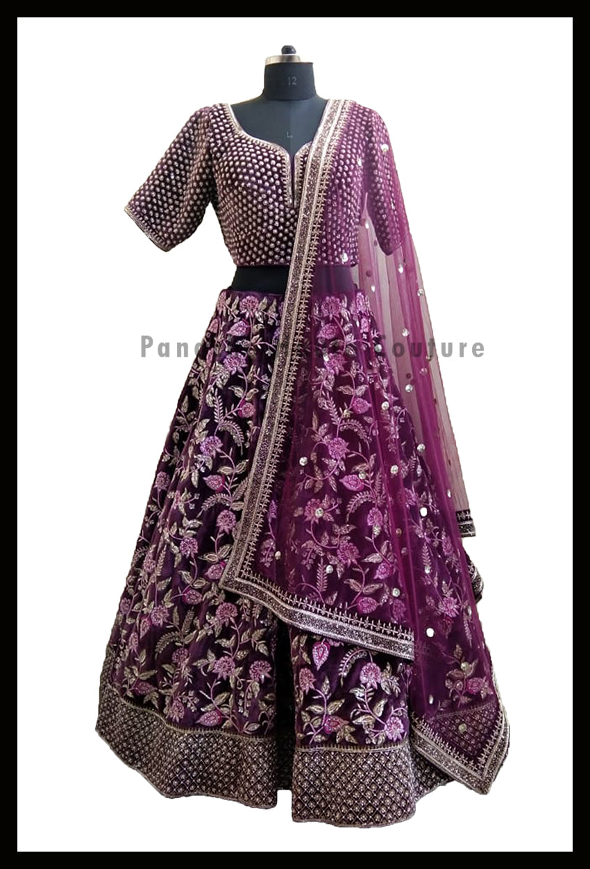 Sizzling Purple Color Silk Velvet Designer Lehenga Choli Panache Haute Couture 5041