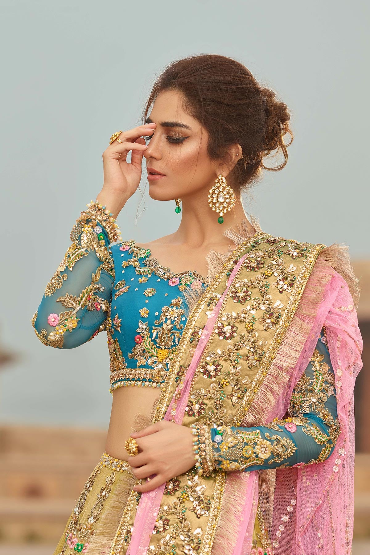 Pale Yellow Wedding Lehenga With Firozi Top Panache Haute Couture 