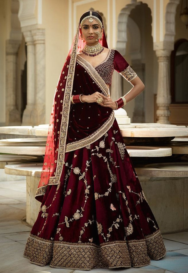 Sabyasachi Inspired Dark Burgundy Wedding Lehenga Set Panache Haute Couture Ph 7588